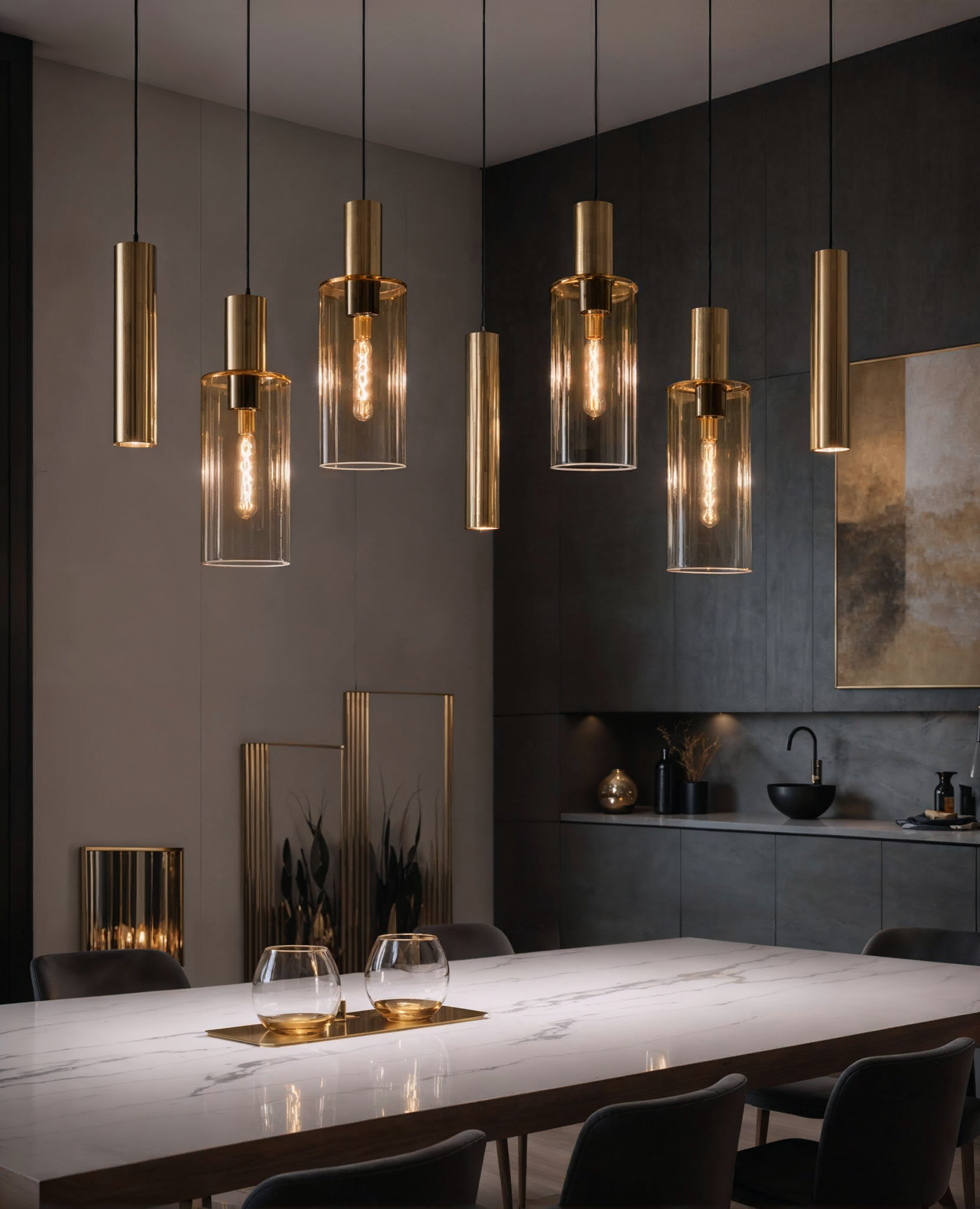 Hanglamp met glazen en goudkleurige details